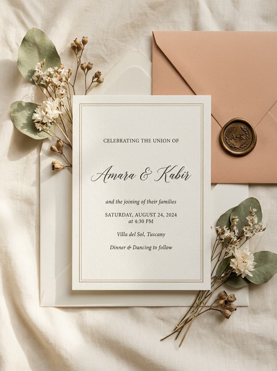 Amara & Kabir luxury wedding invitation flatlay with wax seal and eucalyptus